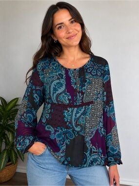 Esprit XS Paisley Patchwork Blouse Purple Teal Long Sleeve Boho Top